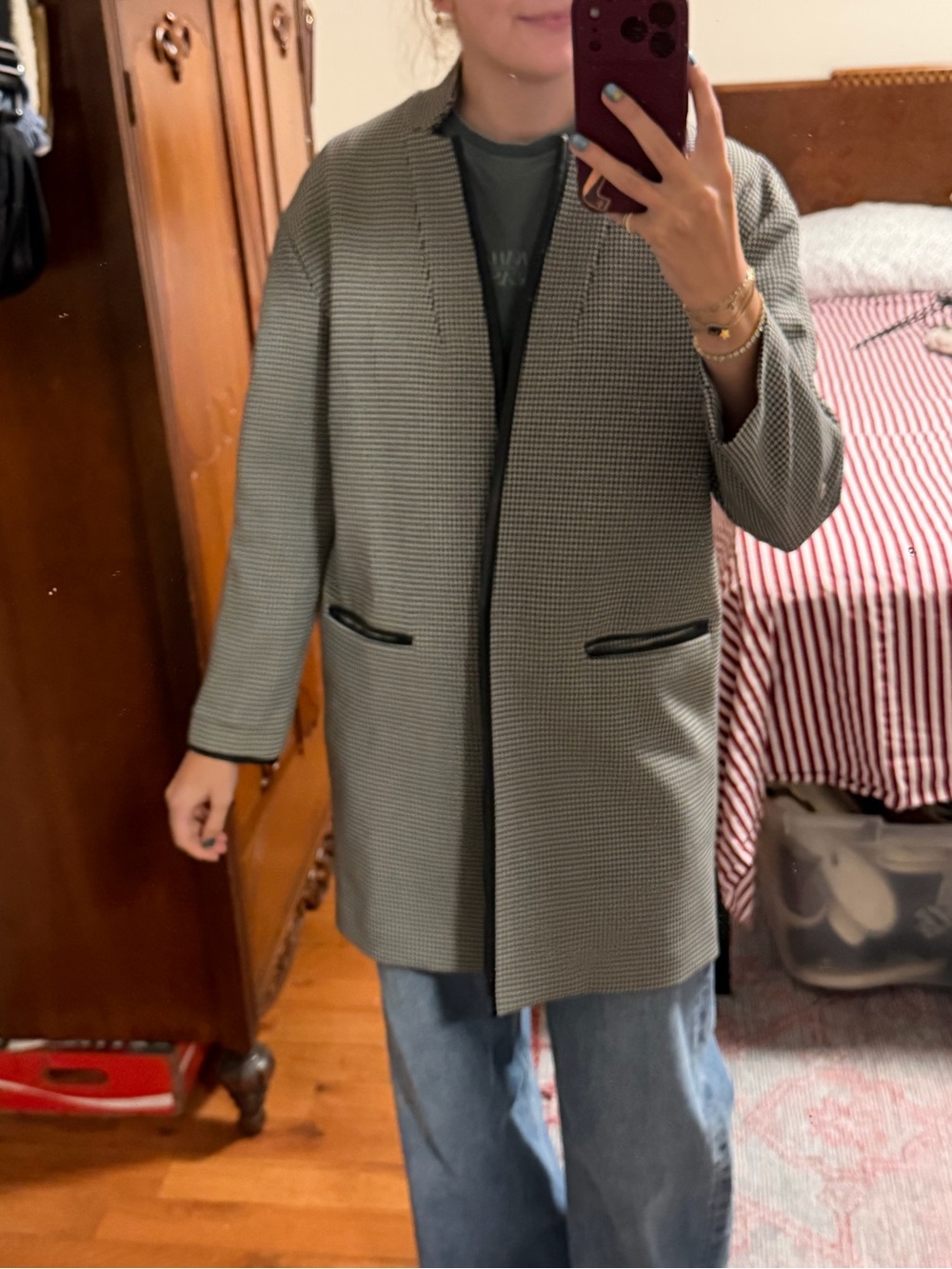 Express Black & White Houndstooth Longline Trench Coat